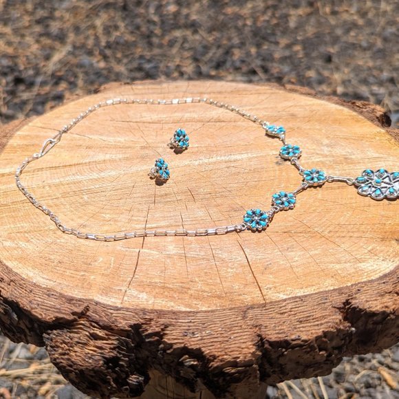 Zuni Chain Necklace and Earrings Set Kingman Turquoise Cluster Native American** - Picture 6 of 9